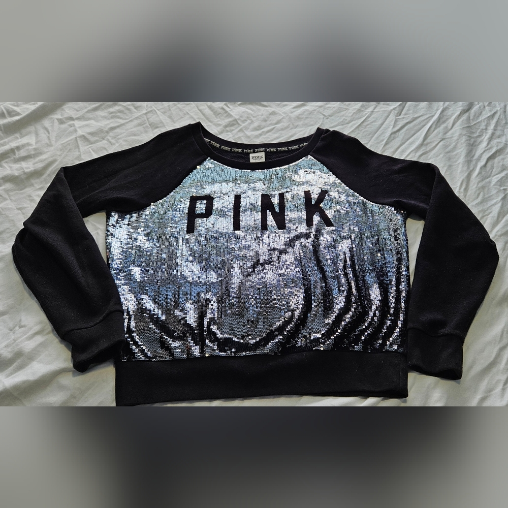 RARE VINTAGE Victoria’s Secret PINK Sequin/Ombré Black Sweatshirt Size L - Picture 2 of 6